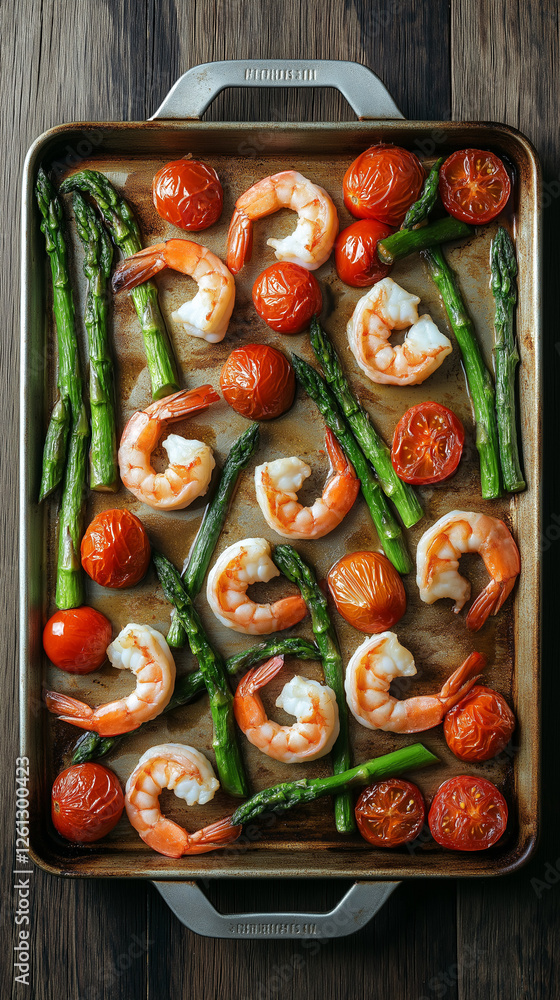 Sheet pan dinner with shrimp, asparagus and tomatoes
