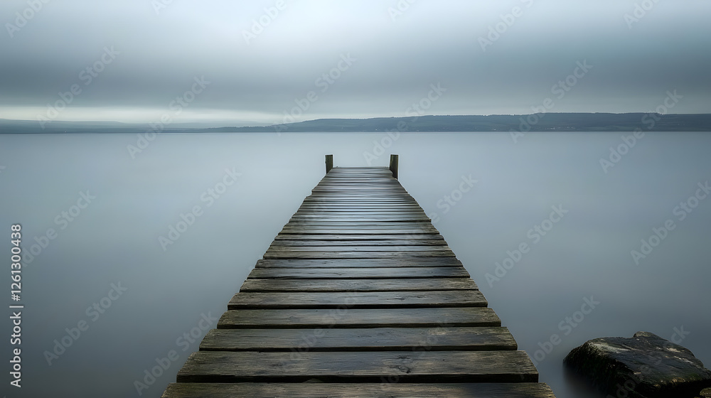Naklejka premium Wooden Pier Extending Into Tranquil Ocean Waters With Gentle Waves