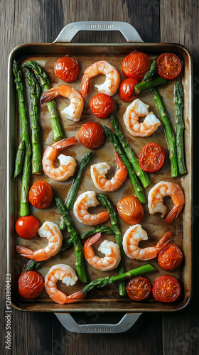 Sheet pan dinner with shrimp, asparagus and tomatoes