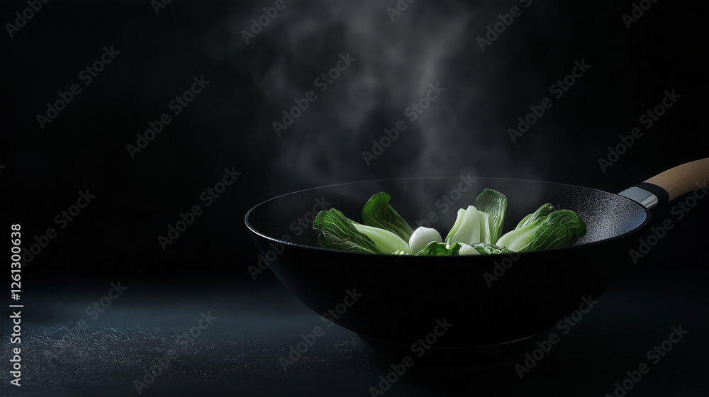 Cooking baby bok choy in a wok with copy space