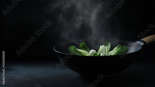 Obraz na płótnie Cooking baby bok choy in a wok with copy space w salonie