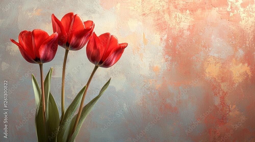 Minimalist shot of red tulips placed elegantly on a soft pastel surface. Minimalist shot of red tulips placed elegantly on a soft pastel surface.