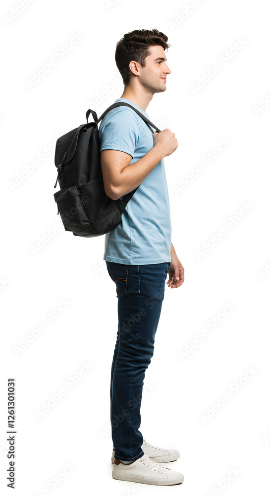 A confident young male commuter walks with a backpack, wearing casual attire, captured from the side, isolated on a clean white background for a modern feel, isolate white background A confident young male commuter walks with a backpack, wearing casual attire, captured from the side, isolated on a clean white background for a modern feel, isolate white background