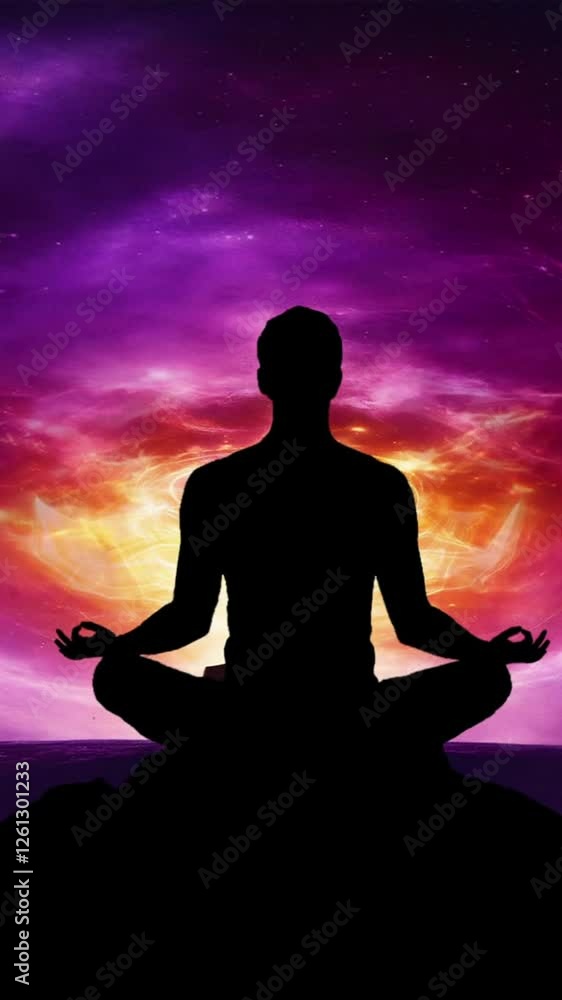 Silhouette of a man meditating on the lotus pose in front of galaxy universe background vertical video Silhouette of a man meditating on the lotus pose in front of galaxy universe background vertical video