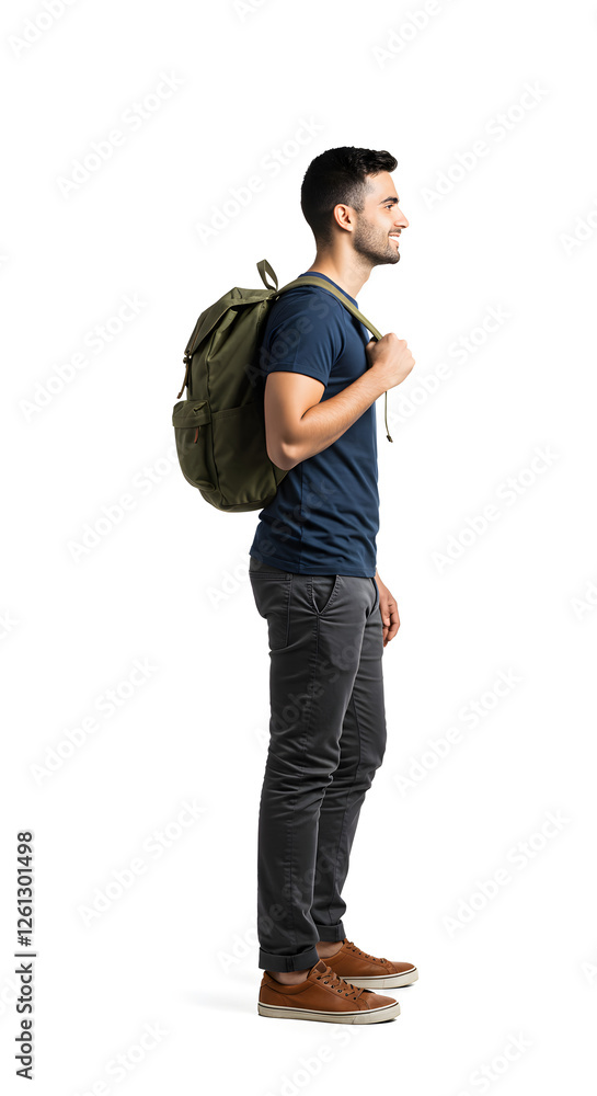 Confident young man walking with a backpack, dressed in casual clothes, seen from the side, isolated on a white background, representing a commuter in motion, isolate white background Confident young man walking with a backpack, dressed in casual clothes, seen from the side, isolated on a white background, representing a commuter in motion, isolate white background