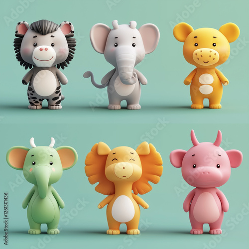 Wallpaper Mural animal cartoon character 3d render with outline full color set multiple angles Torontodigital.ca