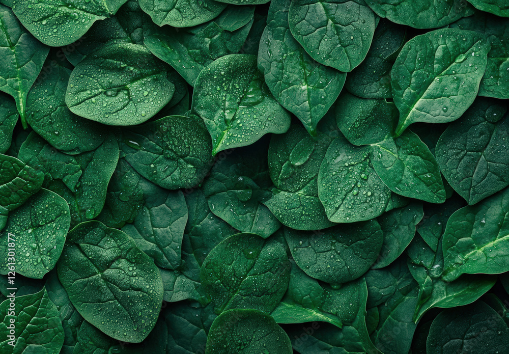 Fototapeta premium Network of fresh spinach leaves with water drops, top view. Flat lay background for a healthy food concept. 