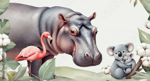 Colorful illustration featuring a hippo, flamingo, and koala surrounded by leaves photo