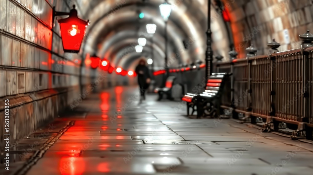 Fototapeta premium Dimly lit underground tunnel with red lanterns and benches at night