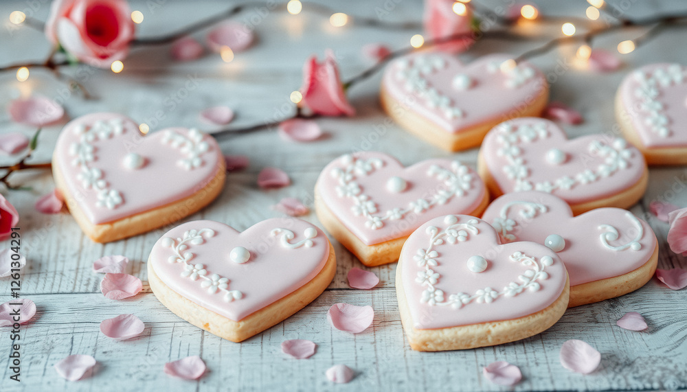Beautiful heart-shaped sugar cookies with pink icing and white decorations, surrounded by roses and petals Beautiful heart-shaped sugar cookies with pink icing and white decorations, surrounded by roses and petals