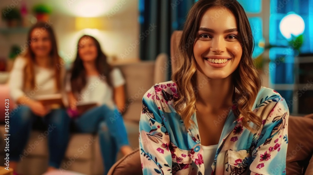 Fototapeta premium Smiling young caucasian female at home gathering with friends