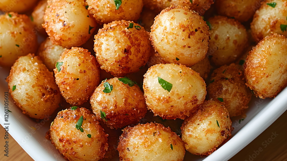 Baby potatoes. Or fried cheese balls, crispy processed cheese garnished with herbs. Golden farm potatoes close-up. In a white bowl. Appetizers or snacks, fast food. Background image with copy space.
