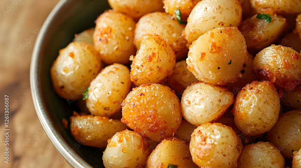 New potatoes. Or fried cheese balls, crispy processed cheese garnished with herbs. Golden farm potatoes close-up. In a brown bowl. Appetizers or snacks, fast food. Background image with copy space. New potatoes. Or fried cheese balls, crispy processed cheese garnished with herbs. Golden farm potatoes close-up. In a brown bowl. Appetizers or snacks, fast food. Background image with copy space.