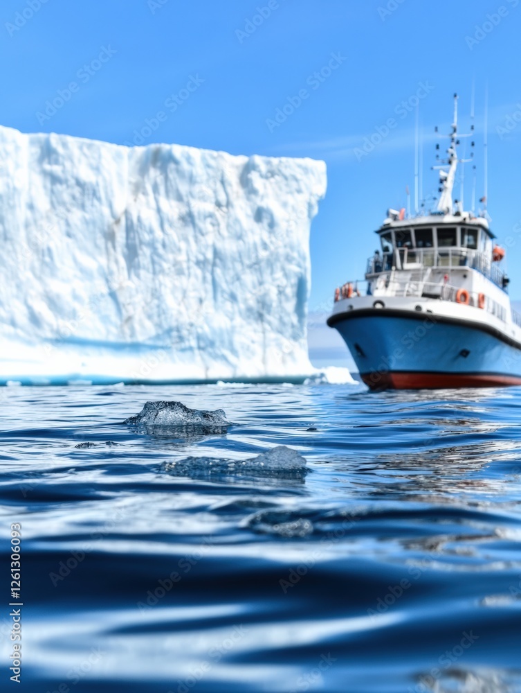 Iceberg floating in ocean with fishing boat, clear blue sky, serene waters, Arctic landscape, marine adventure, nature exploration concept Iceberg floating in ocean with fishing boat, clear blue sky, serene waters, Arctic landscape, marine adventure, nature exploration concept