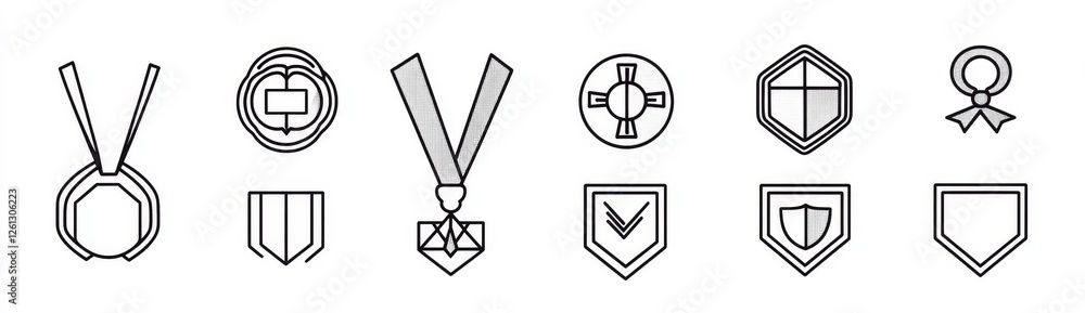 Set of award medal icons, focusing on a winner or victory badge. Includes badges for approval, verification, certification, stars, achievements, and first place achievements. Rendered in a modern Set of award medal icons, focusing on a winner or victory badge. Includes badges for approval, verification, certification, stars, achievements, and first place achievements. Rendered in a modern