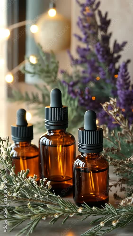 Warm amber bottles stand surrounded by greenery and lavender at a cozy indoor setting during golden hour Warm amber bottles stand surrounded by greenery and lavender at a cozy indoor setting during golden hour