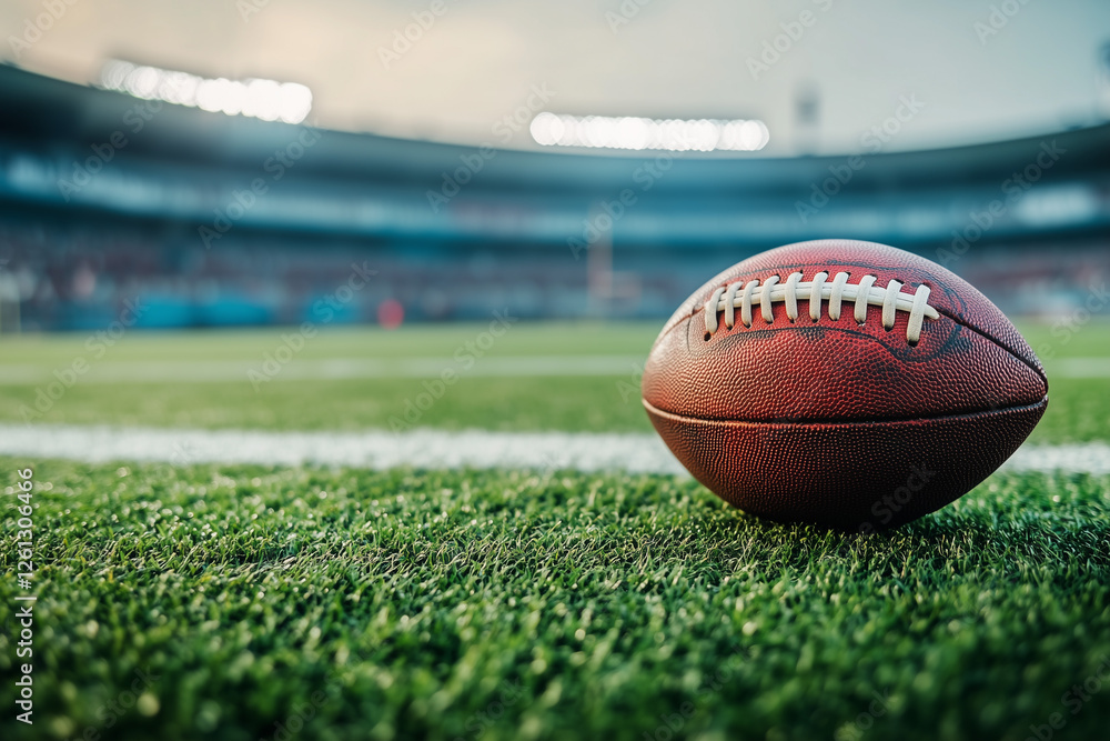 American Football on Green Field in Empty Stadium, Sports Scene. Generative AI American Football on Green Field in Empty Stadium, Sports Scene. Generative AI