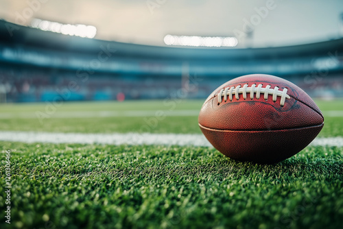 American Football on Green Field in Empty Stadium, Sports Scene. Generative AI