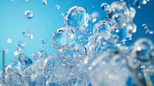 The dynamic movement captured in this image showcases water bubbles splashing against a bright blue background, symbolizing freshness and vitality in nature. photo