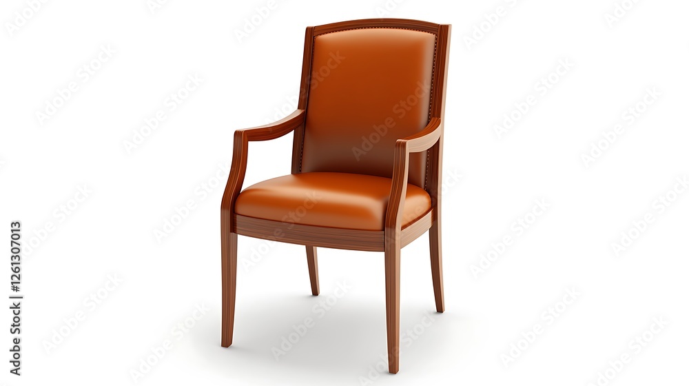 Elegant office chair with a modern leather seat and polished wood frame, isolated on a smooth white background, rendered in ultra HD clarity. Elegant office chair with a modern leather seat and polished wood frame, isolated on a smooth white background, rendered in ultra HD clarity.