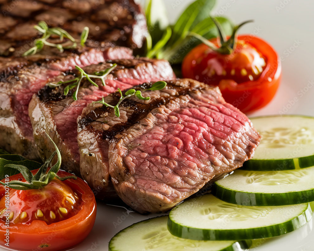A professional food photography shot featuring a perfectly cooked steak with fresh vegetables including tomatoes and cucumbers, highlighting a healthy and tasty meal. A professional food photography shot featuring a perfectly cooked steak with fresh vegetables including tomatoes and cucumbers, highlighting a healthy and tasty meal.