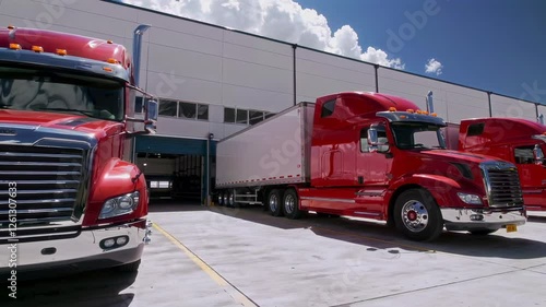 Vibrant red trucks are parked neatly outside a modern distribution facility located under clear blue skies