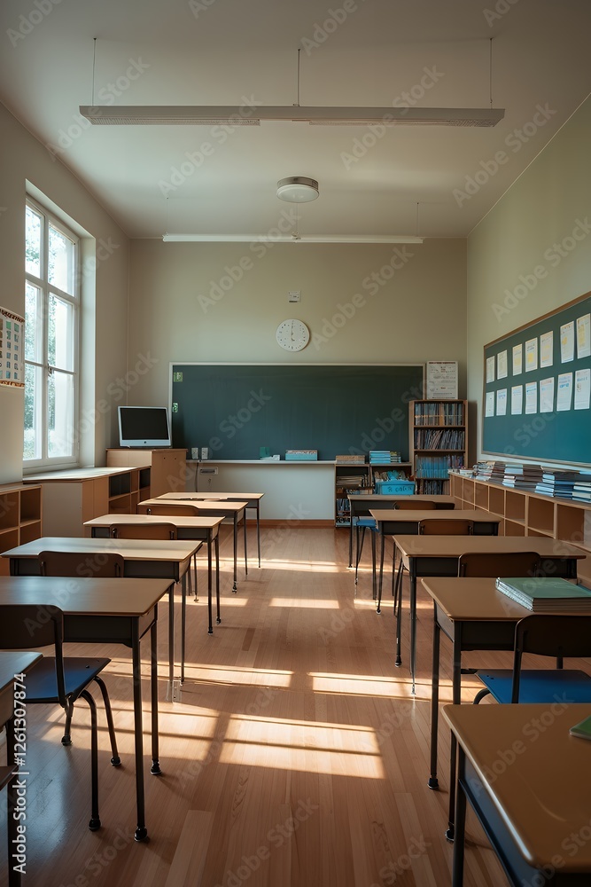 Traditional Classroom with Wooden Desks, Blackboards, and Modern Educational Tools in a Bright, Light-Filled Space Traditional Classroom with Wooden Desks, Blackboards, and Modern Educational Tools in a Bright, Light-Filled Space