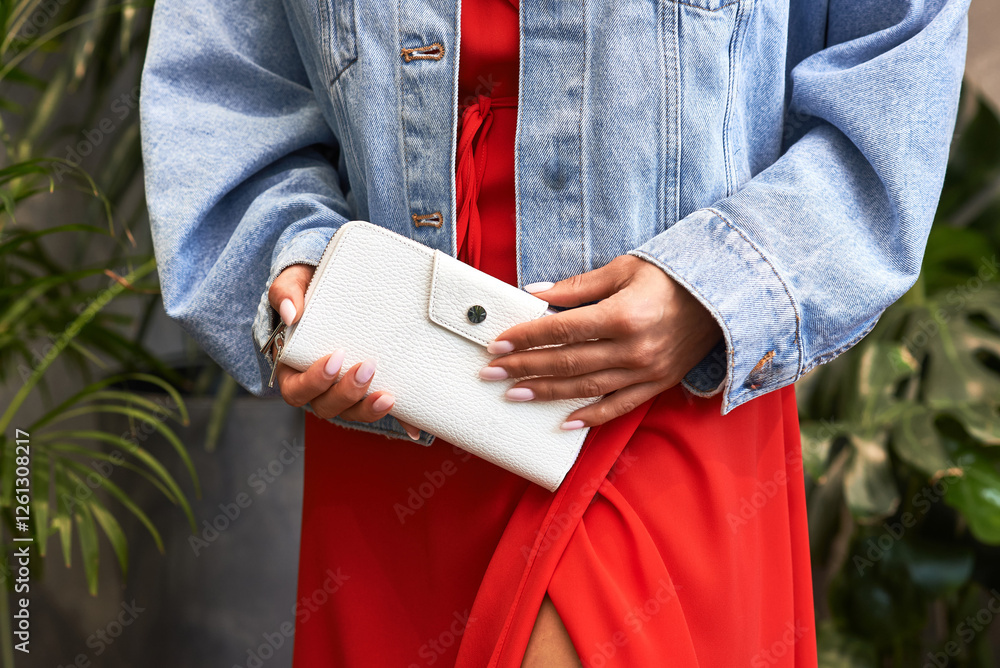 Elegant woman in denim jacket and red dress holding stylish white wallet outdoors, fashion and lifestyle concept