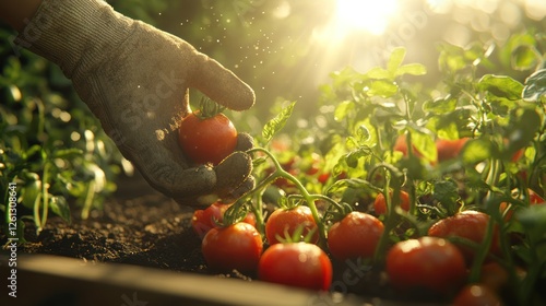 Hand harvesting tomatoes in garden bed, sunlight photo