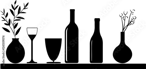 Silhouette of Bottles and Glasses on a Shelf