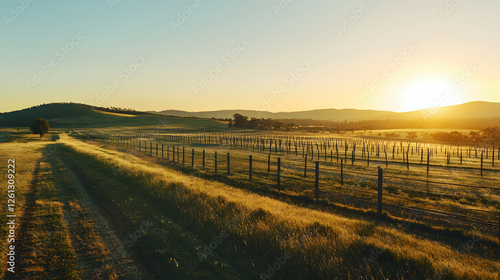 Panoramic Sunrise View of Vineyard with Multiple Gates Panoramic Sunrise View of Vineyard with Multiple Gates