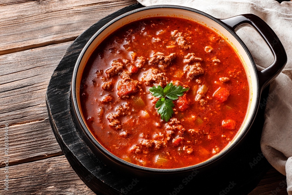 Warm and hearty chili simmering in a rustic bowl on a wooden table Warm and hearty chili simmering in a rustic bowl on a wooden table