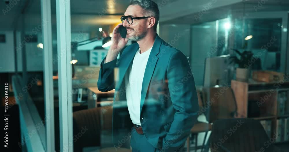 Night, man or phone call at window for business, financial advice or feedback in office. Late work, mature broker or tech in firm for contact, investment opportunity or smile for deadline negotiation Night, man or phone call at window for business, financial advice or feedback in office. Late work, mature broker or tech in firm for contact, investment opportunity or smile for deadline negotiation
