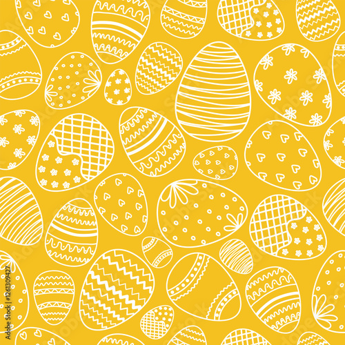 Seamless Easter pattern with hand drawn Easter eggs on yellow background.