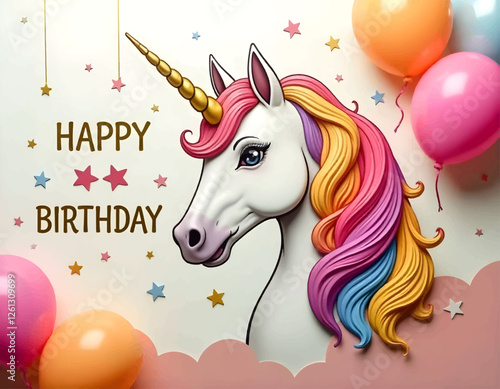 happy birthday card with unicorn, happy birthday card with balloons, happy birthday card with gifts on pink background, girl birthday template  abstract, gold confetti, stars decoration vector