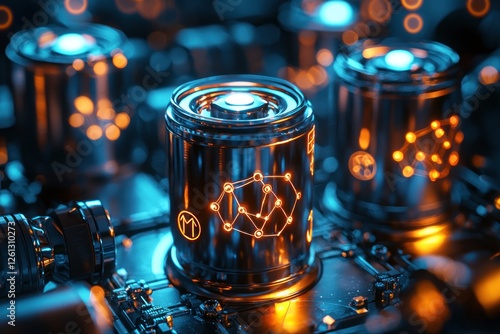 Sodium-ion battery concept with metallic sodium and element symbols, 3D rendering. photo