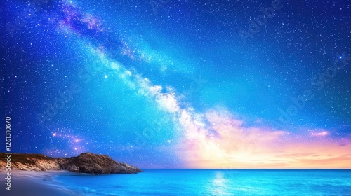 Milky Way over tranquil beach at sunset