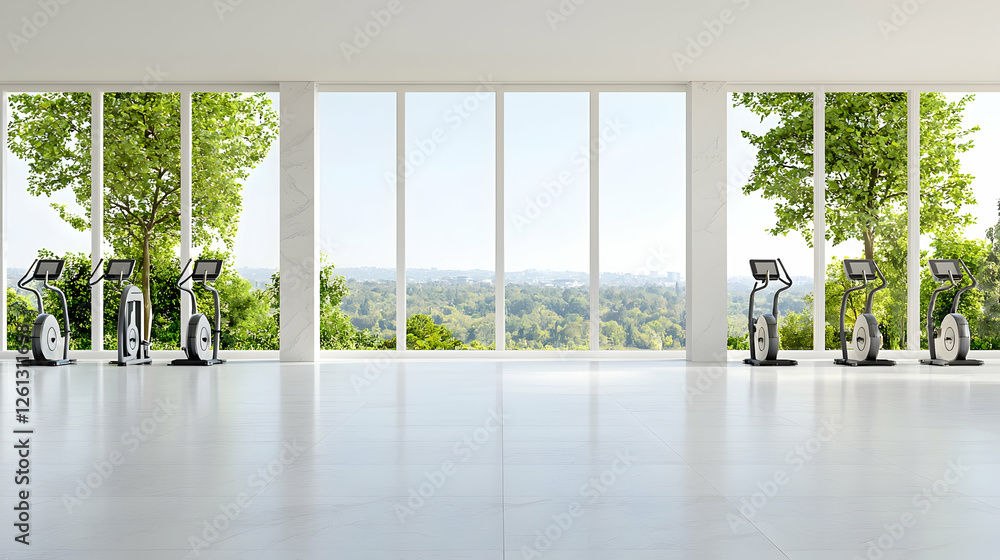 Fototapeta premium Modern gym with scenic view, cardio machines, wellness