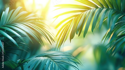 Intricate palm leaves backlit by warm sunlight on soft blue gradient