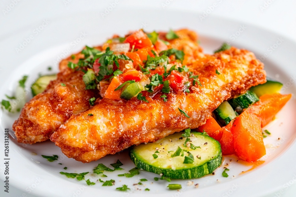 Deliciously plated crispy fish with fresh vegetables in a vibrant setting Deliciously plated crispy fish with fresh vegetables in a vibrant setting