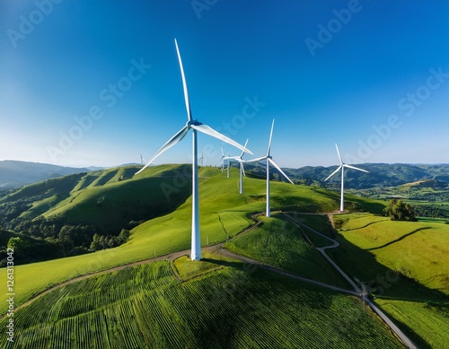  A scenic landscape featuring large wind turbines standing against a bright blue sky, surrounded by rolling green hills. A representation of clean energy, sustainability, and reducing our carbon footp photo