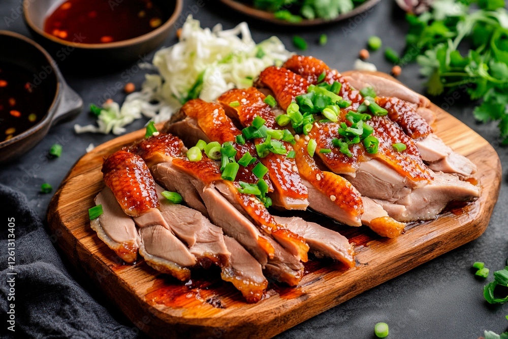Savoring the flavors of succulent roasted duck garnished with fresh herbs and spices Savoring the flavors of succulent roasted duck garnished with fresh herbs and spices
