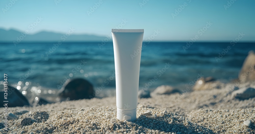 White Sunscreen Tube on the Beach, Close-Up, Product Photography with Sunny Blue Sea Background White Sunscreen Tube on the Beach, Close-Up, Product Photography with Sunny Blue Sea Background