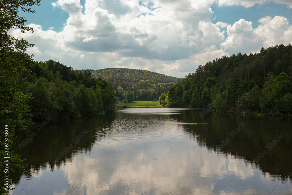 Fototapeta premium Clear Sky with Clouds Above a River Surrounded by Forests and Distant Mountains