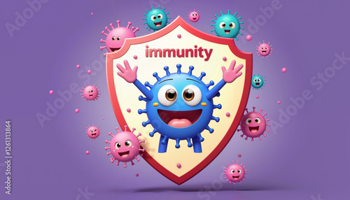Cheerful virus character protected by immunity shield, health concept