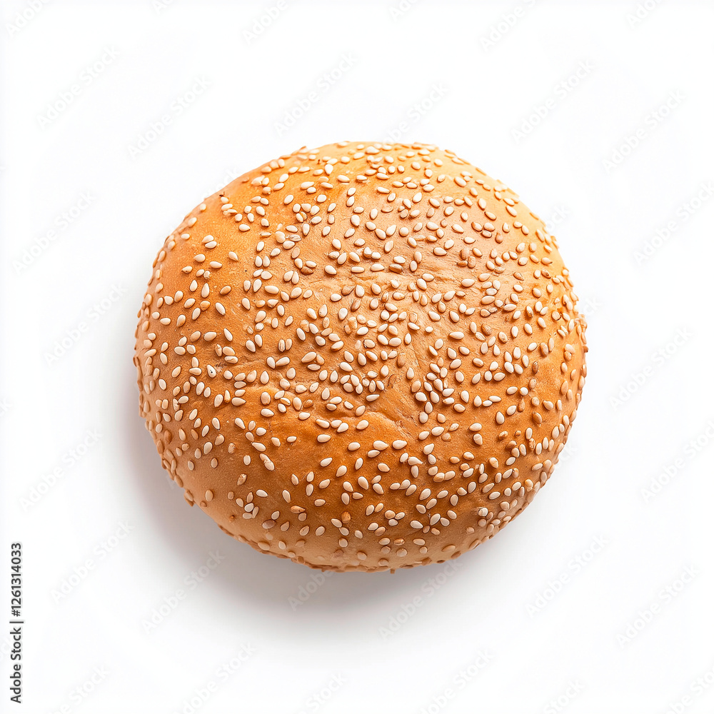 Delicate texture and glossy finish of classic sesame seed hamburger bun, isolated on white, highlighting its smooth surface and ideal burger structure. Delicate texture and glossy finish of classic sesame seed hamburger bun, isolated on white, highlighting its smooth surface and ideal burger structure.