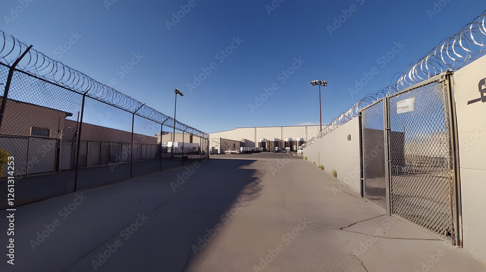 Panoramic View of High Security Fence Surrounding Warehouse with Barbed Wire Panoramic View of High Security Fence Surrounding Warehouse with Barbed Wire