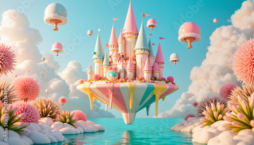 Whimsical ice cream palace floating in syrup rivers, land of sweets