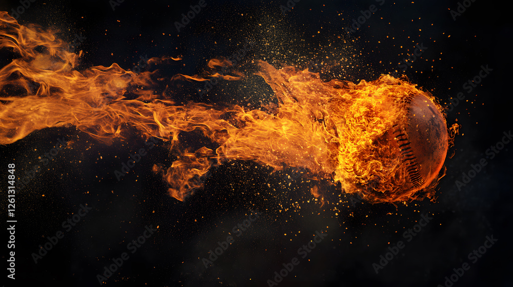 Naklejka premium Flaming Ball of Fire with Sparks on Dark Background