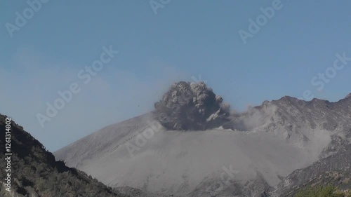 Explosive vulcanian eruption of Showa crater on Sakurajima volcano in Kyushu, Japan.